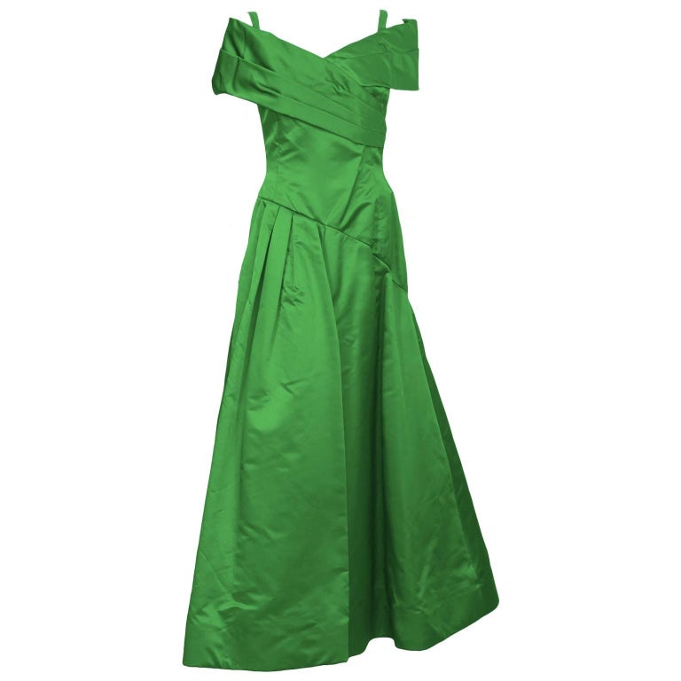 1990's Scaasi Emerald Green Satin Gown For Sale