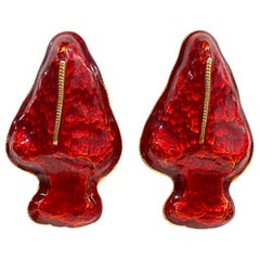 Vintage Yosca 1980s Red Enamel on Gold Large Abstract Earrings