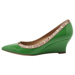 Valentino Green/Beige Patent And Leather Rockstud Wedge Pumps Size 38