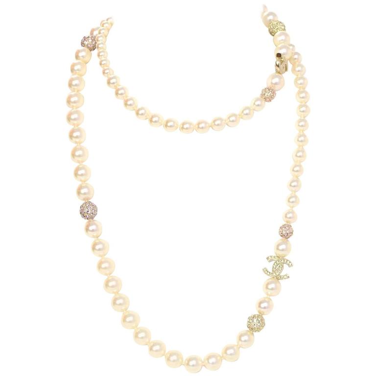 Chanel NEW 2015 Faux Pearl and Crystal CC Necklace For Sale at 1stDibs