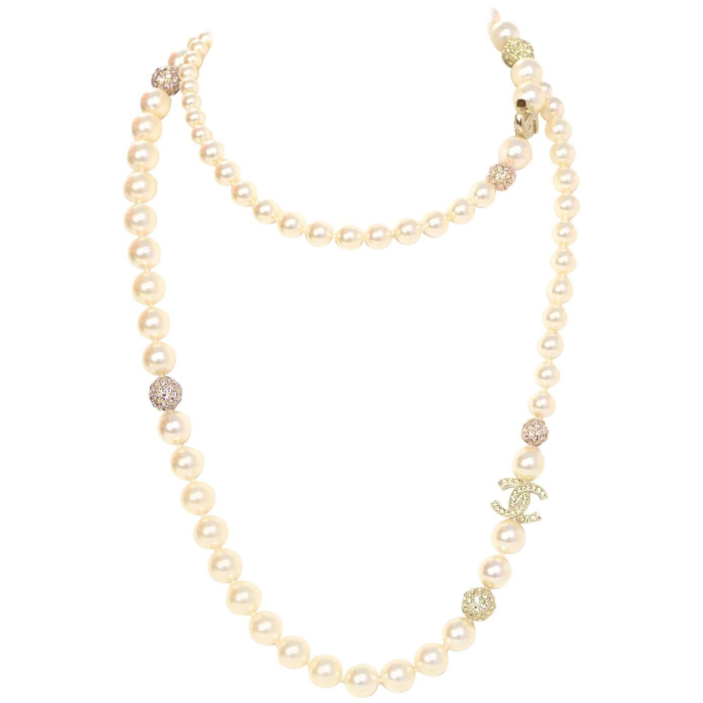 Chanel NEW 2015 Faux Pearl & Crystal CC Necklace