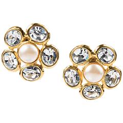 Vintage Chanel Gold Tone Metal Faux Pearl Large Crystal Clip On Earrings