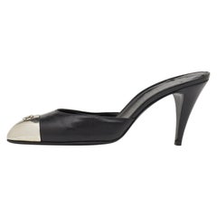 Chanel Black Leather CC Metal Cap Toe Mule Sandals Size 38.5