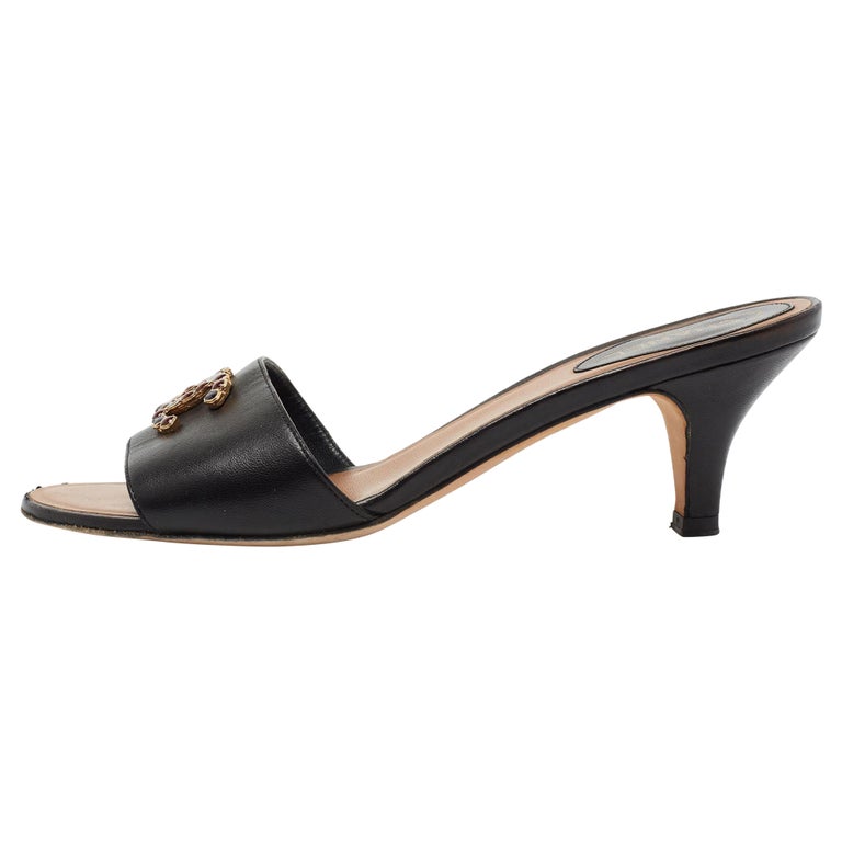 Chanel Black Leather Embellished CC Sandals Size 37.5 at 1stDibs