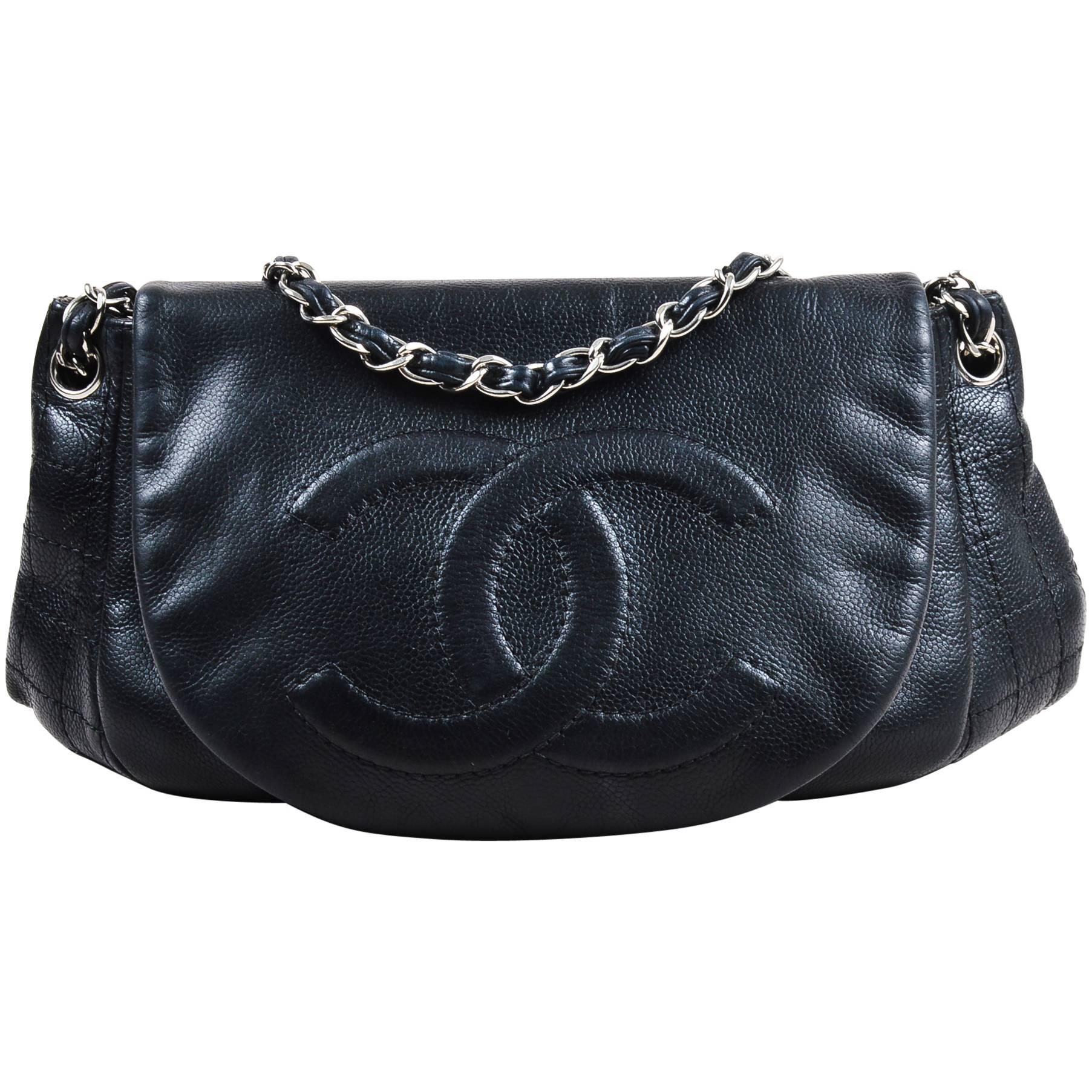 Chanel Black Caviar Leather Interwoven Chain Quilted "Half Moon" Flap Bag For Sale