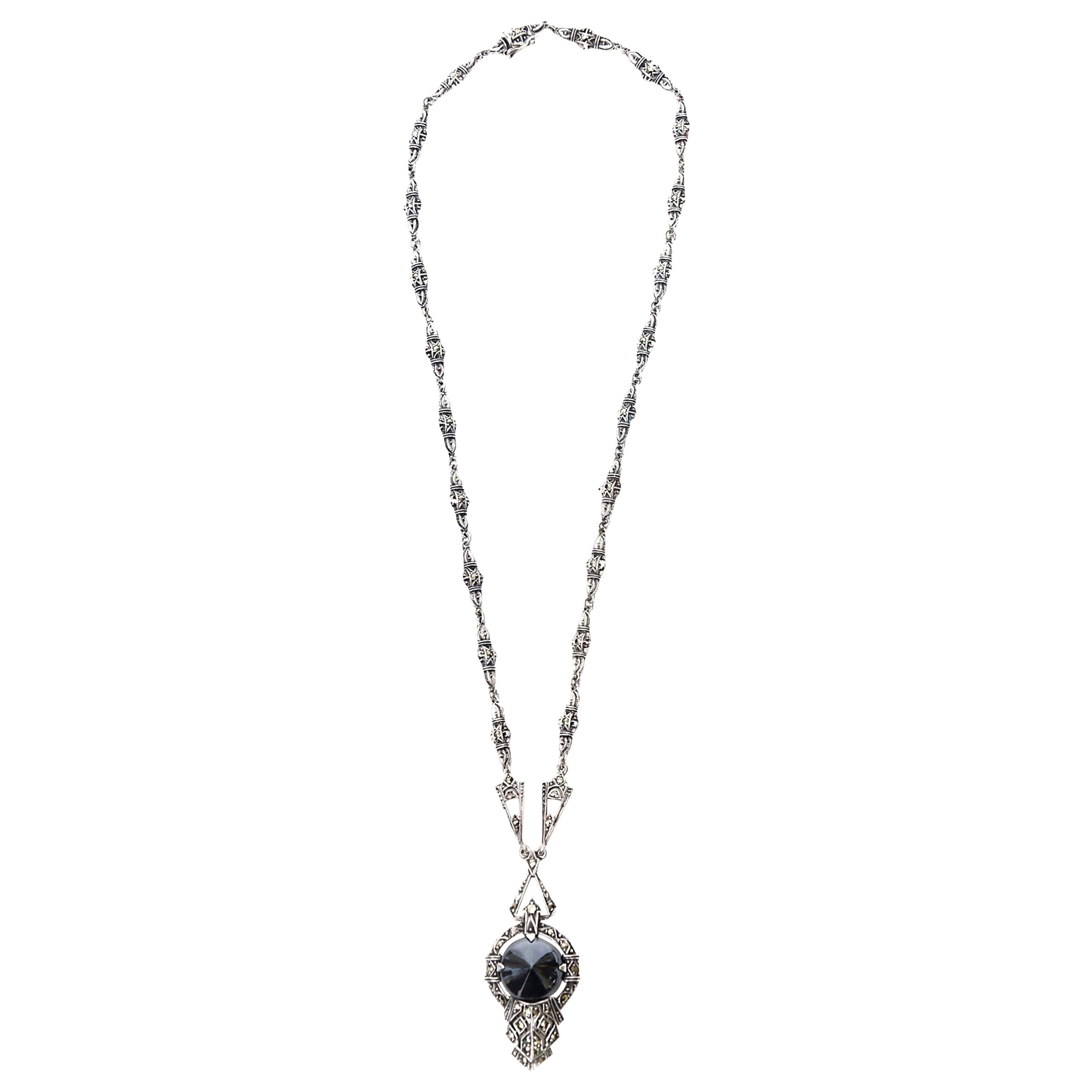 Art Deco Sterling Silver, Hematite And Marcasite Necklace For Sale