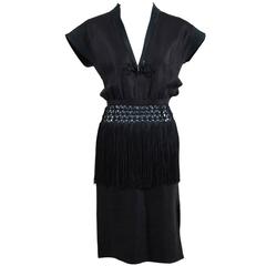Vintage Valentino Boutique Black Woven Sheer Waist & Fringed Peplum Dress SZ 4