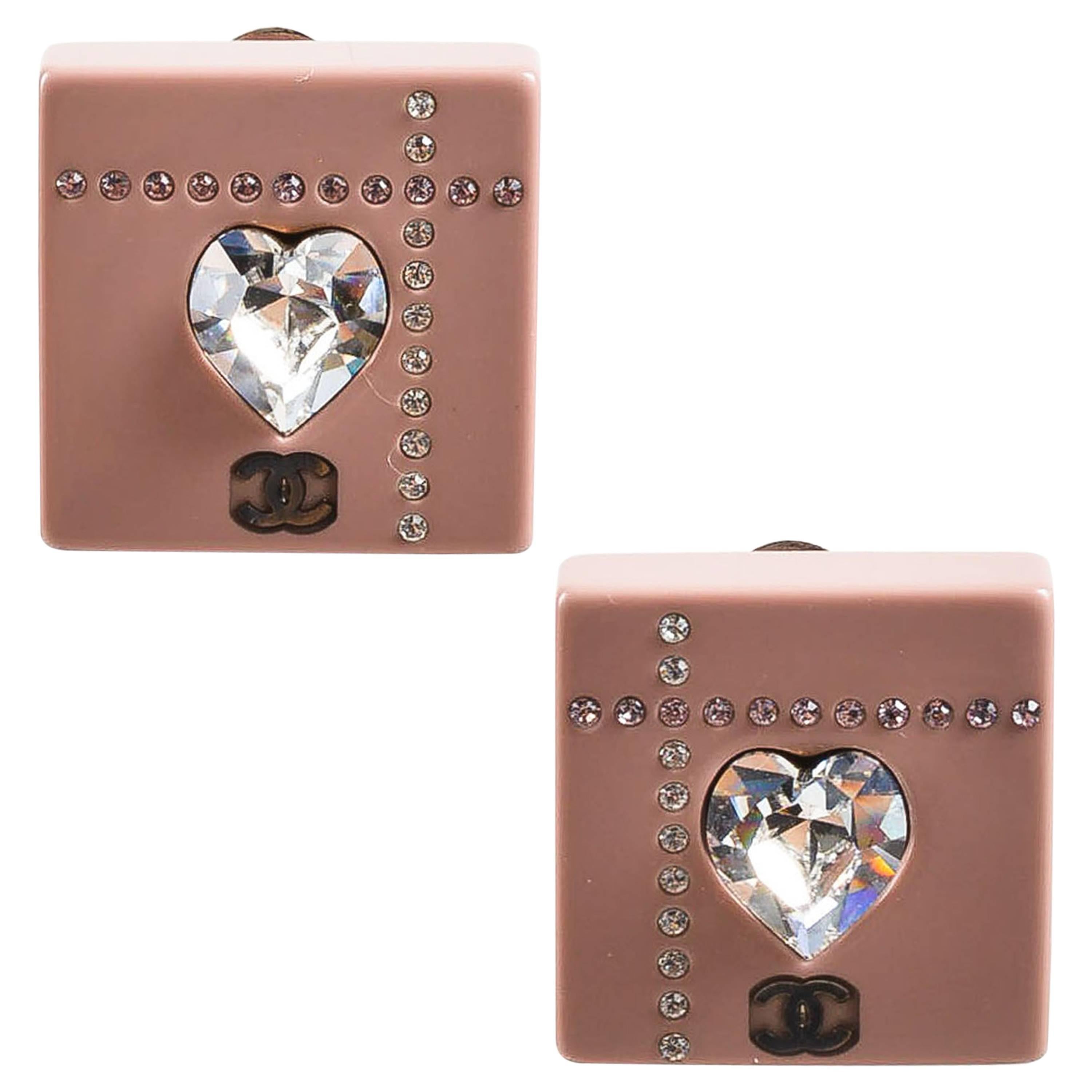 Chanel 04A Pink Resin Rhinestone Crystal Heart 'CC' Logo Square Clip On Earrings For Sale