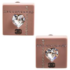 Chanel 04A Pink Resin Rhinestone Crystal Heart 'CC' Logo Square Clip On Earrings 9