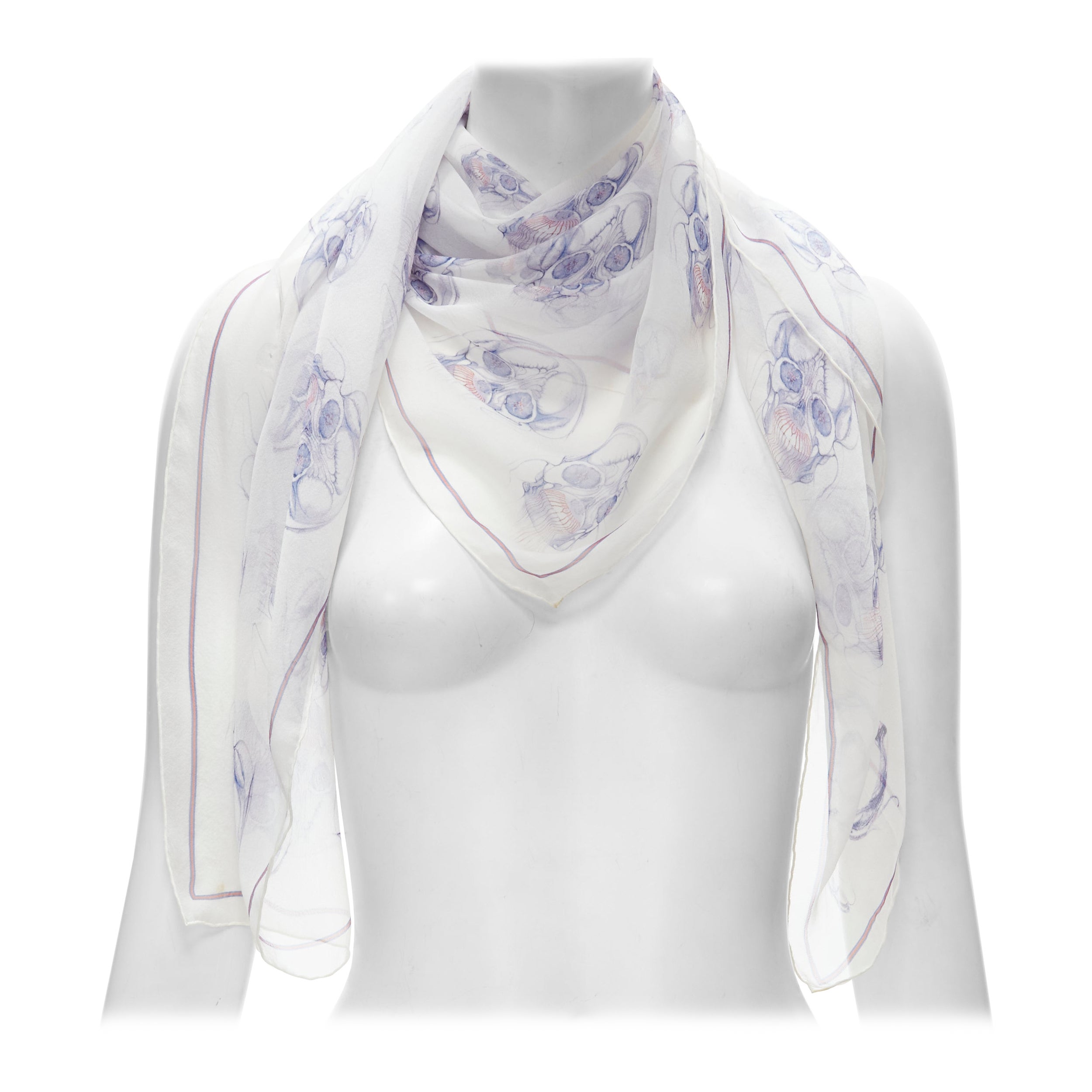 ALEXANDER MCQUEEN 100% silk white blue skull print sheer scarf