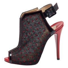 Christian Louboutin Black Floral Lace Patent Leather Slingback Sandals Size 37.5