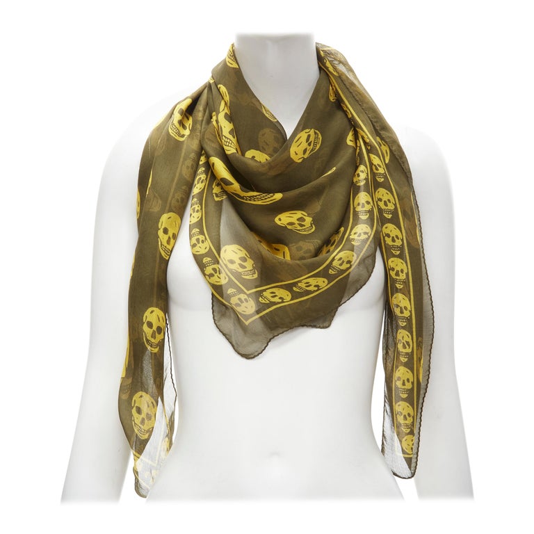 ALEXANDER MCQUEEN Signature skeleton skull green yellow 100% silk scarf For  Sale at 1stDibs