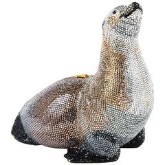 Judith Leiber Tan Brown Black Crystal Rhinestone Seal Miniaudiere Clutch Bag 4