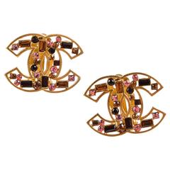 Chanel 03A Gold Tone Brown Pink Crystal Embellished 'CC' Clip On Earrings