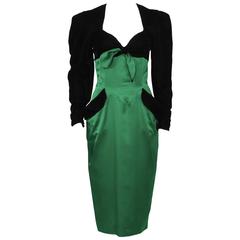 1980's Isabelle Allard Black Velvet & Emerald Satin Cocktail Dress 4