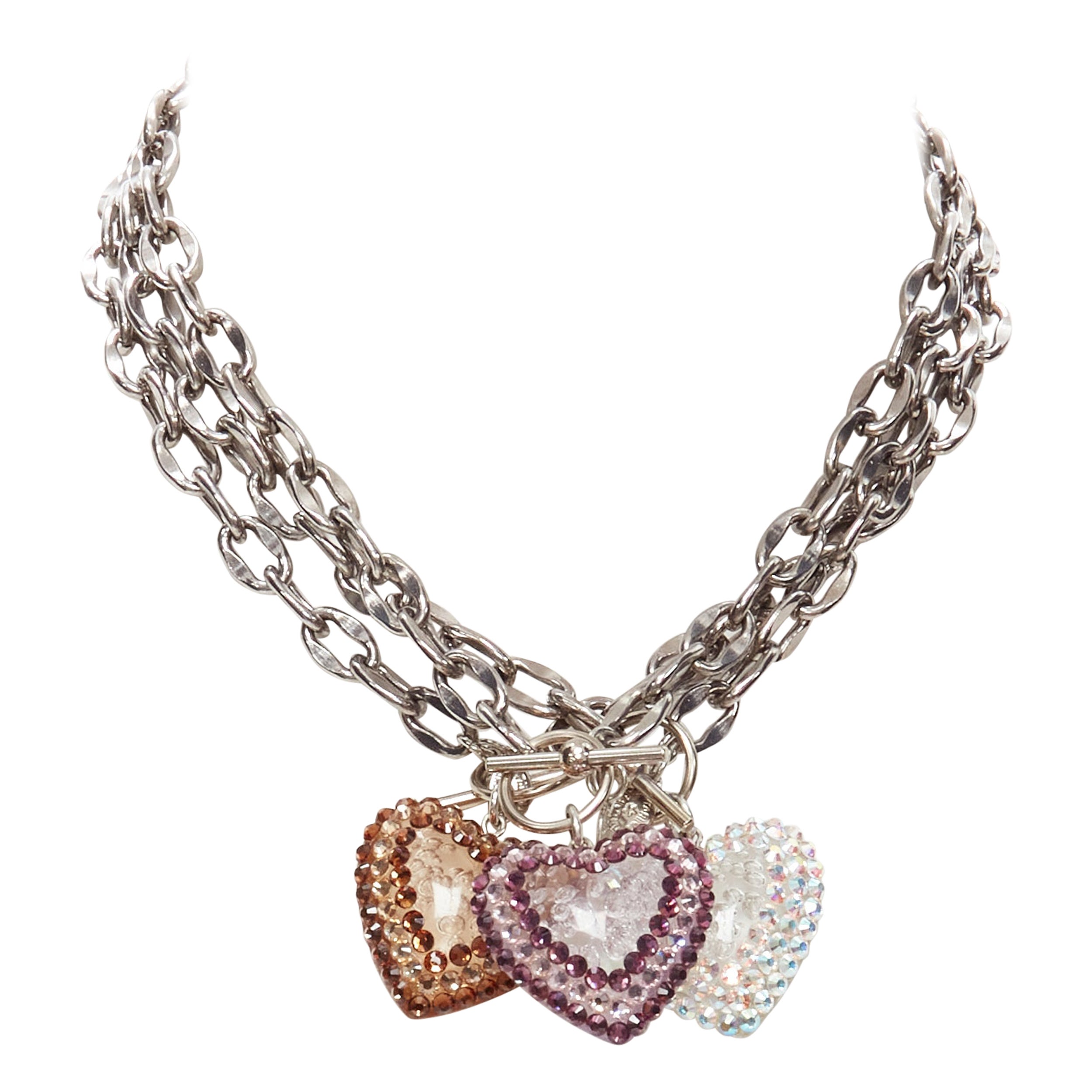 new TARINA TARANTINO Lot of 3 Y2K jewel rhinestone heart silver chain necklace For Sale