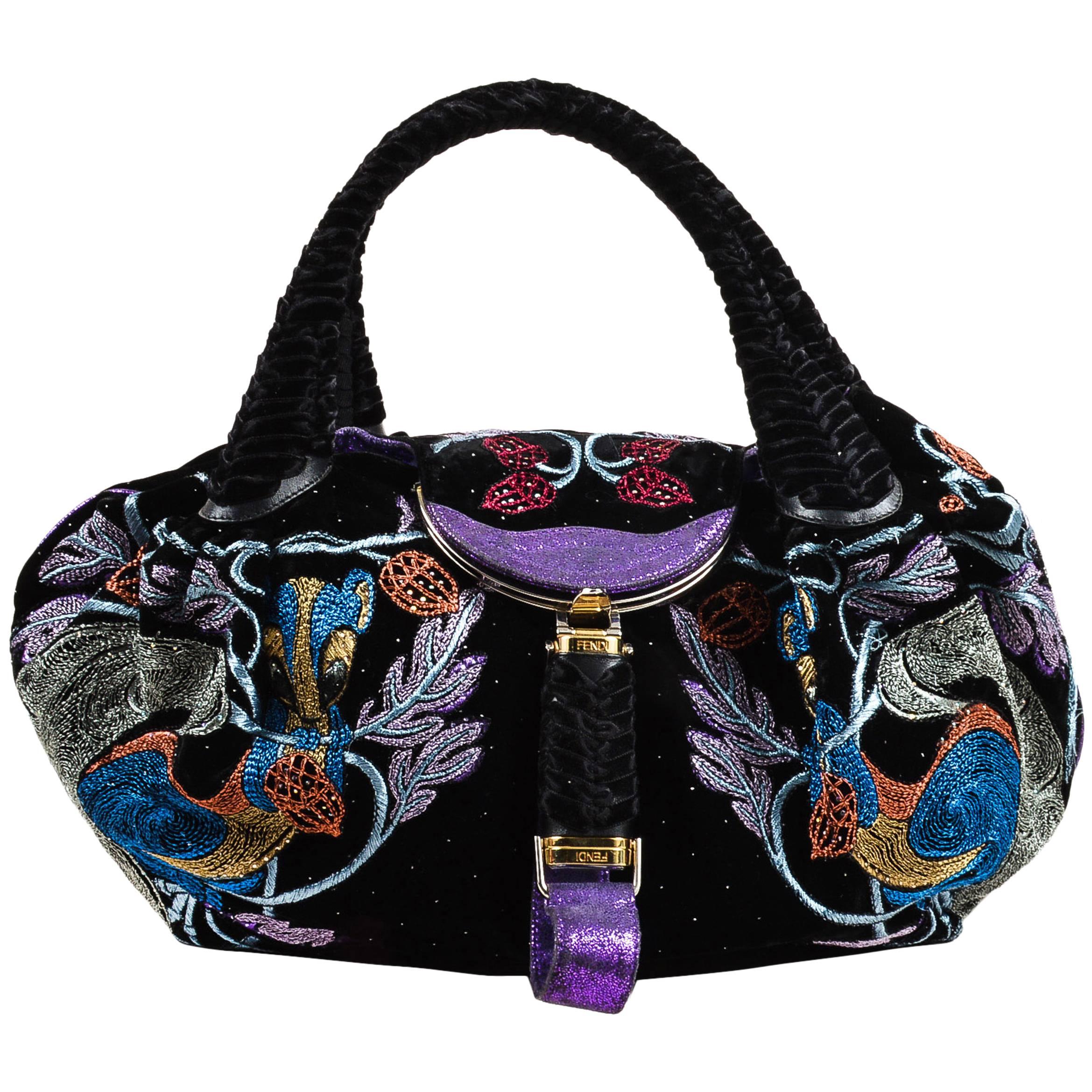 Fendi Black Purple Velvet Leather Embroidered Limited Edition "Spy" Bag For Sale