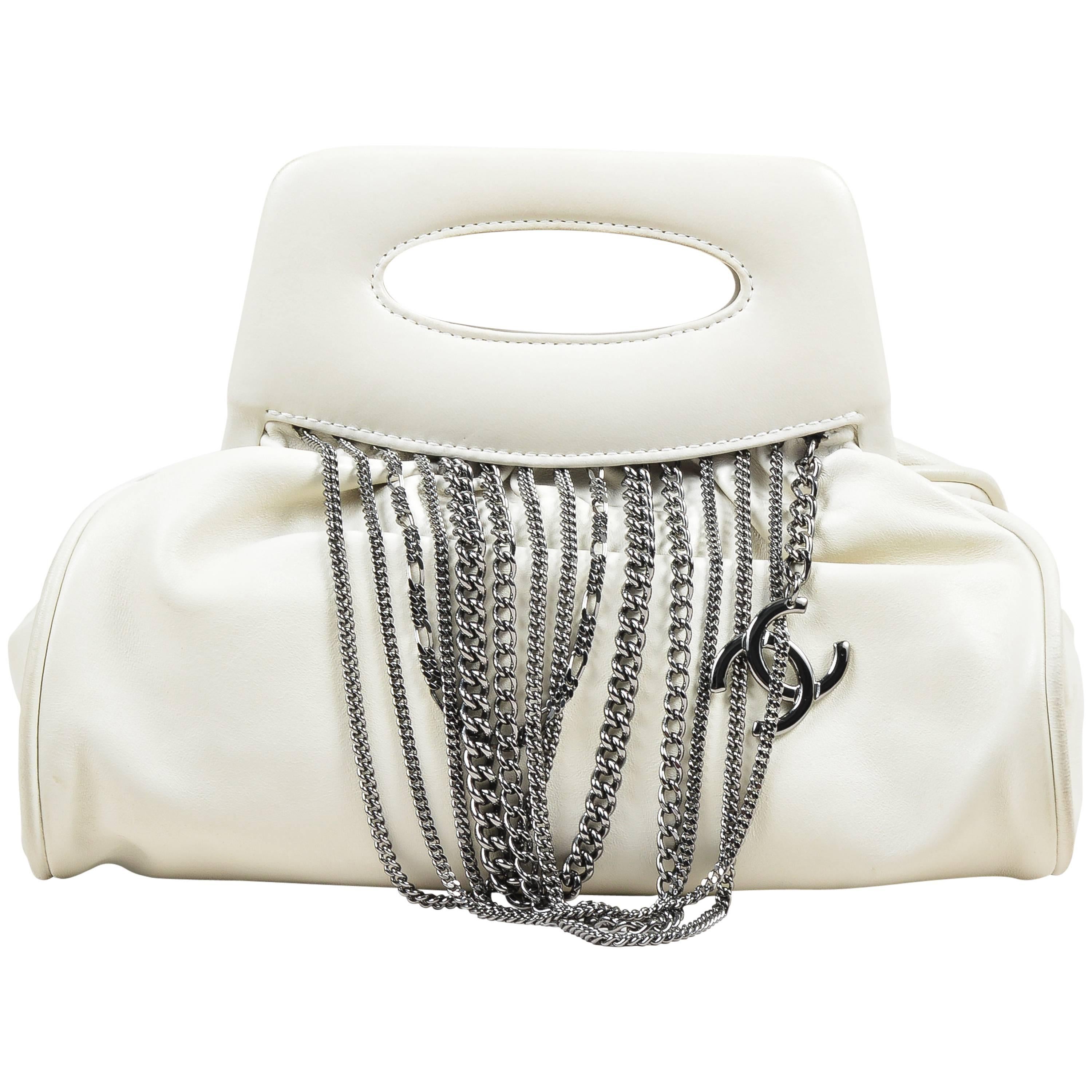 Chanel Off White Leather 'CC' Chain Embellished Satchel Handbag For Sale