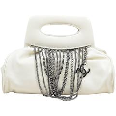 Chanel Off White Leather 'CC' Chain Embellished Satchel Handbag
