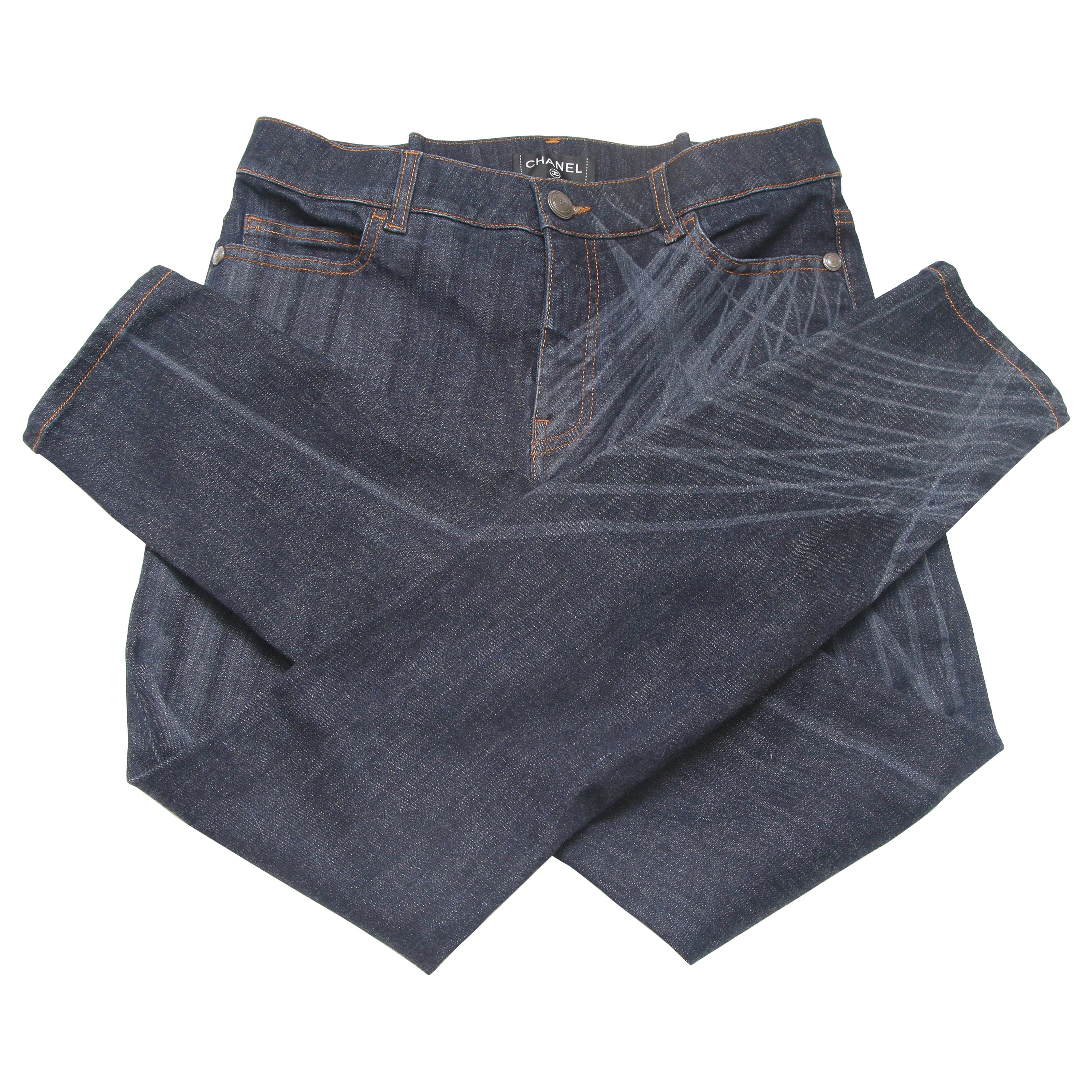 CHANEL Denim Jeans Dark Wash Skinny Leg Mid-Rise Buttons Sz 40 2014