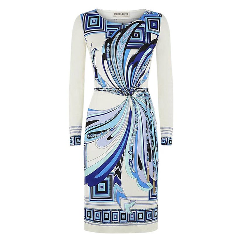 UNWORN Emilio Pucci Weißes & blaues Seidenkleid mit Signaturdruck und Gürtel im Angebot