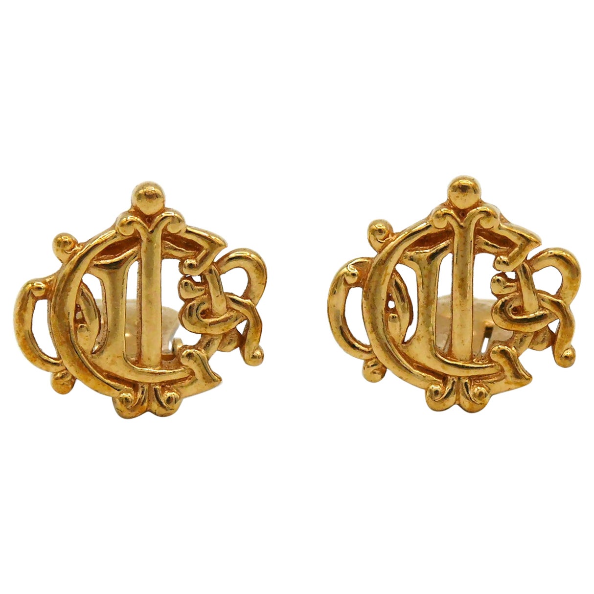 CHRISTIAN DIOR Vintage Gold Tone Logo Clip-On Earrings For Sale