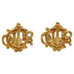 CHRISTIAN DIOR Vintage Gold Tone Logo Clip-On Earrings