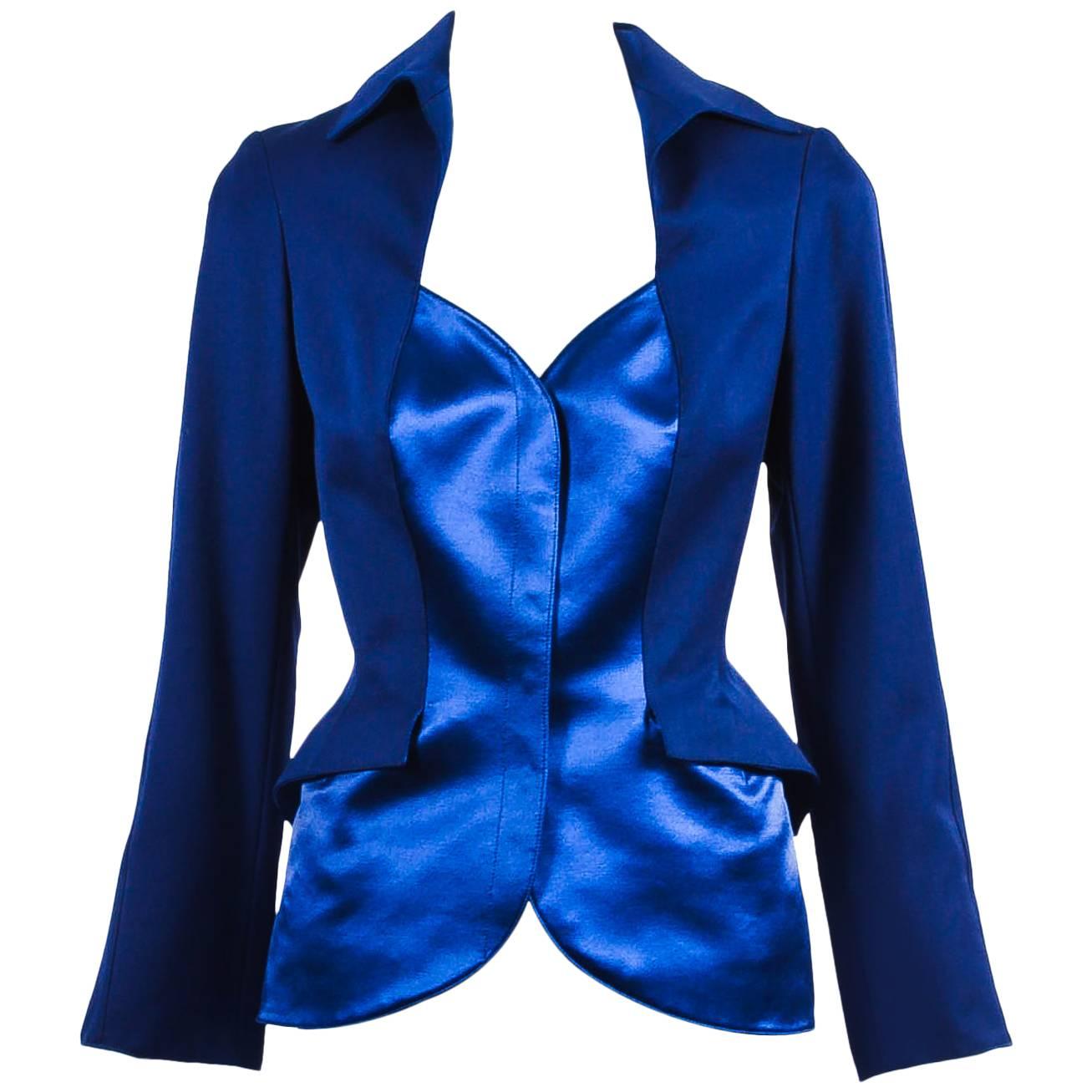 Vintage Thierry Mugler Blue Wool & Silk Blend Structured Peplum Blazer SZ 40 For Sale