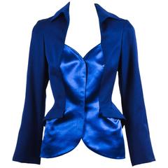 Vintage Thierry Mugler Blue Wool & Silk Blend Structured Peplum Blazer SZ 40