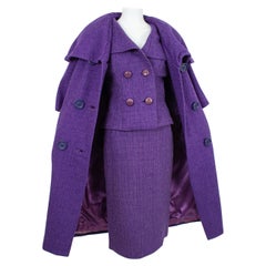Combinaison crayon et manteau Inverness en tweed de laine violet à col portrait ¾ - M, années 50