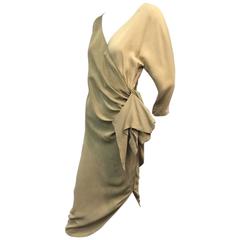 1980s Georges Rech Olive Green and Ecru Silk Surplice Wrap Dress w Side ...