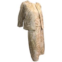 1960s Wragge Three Piece Taupe and Cream Print Silk Skirt Suit 
