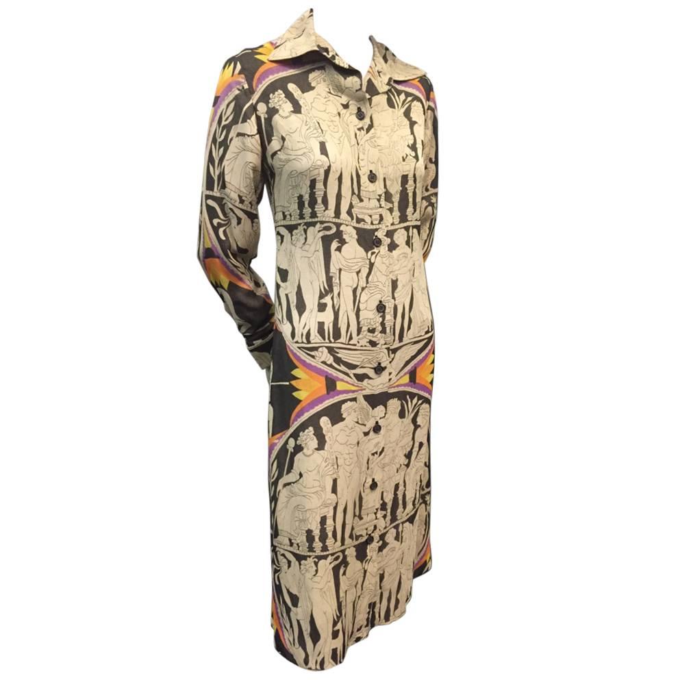1970s James Galanos Grecian Illustrated Cotton Voile Button Down Dress