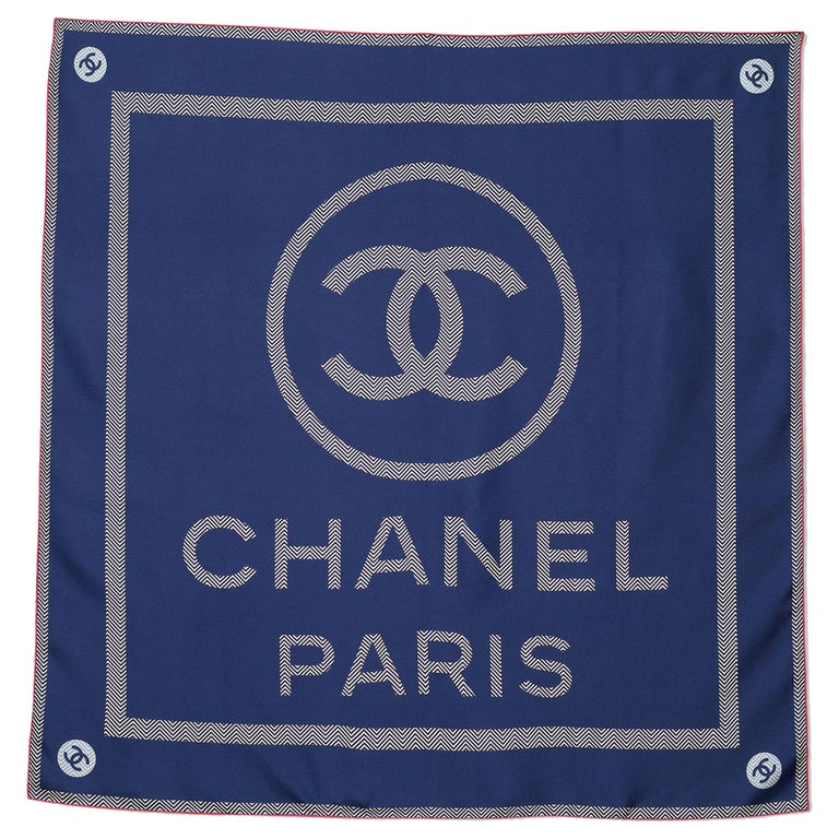 Chanel Navy Blue CC Logo Print Silk Scarf For Sale at 1stDibs