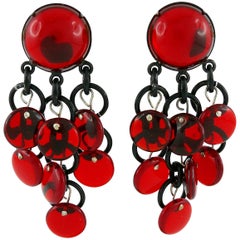 Paco Rabanne Used Red Glass and Metal Dangling Earrings