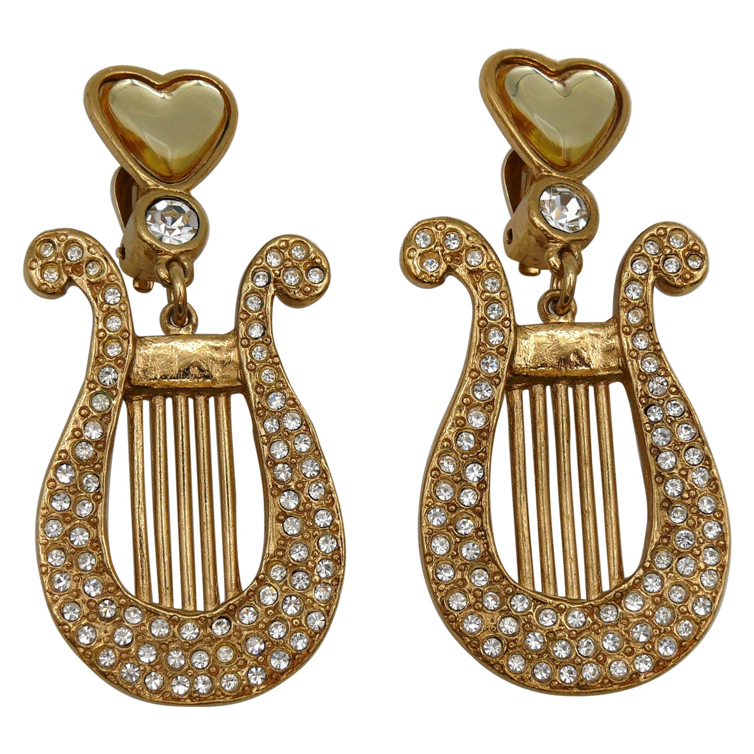 YVES SAINT LAURENT YSL Vintage Jewelled Lyra Heart Dangling Earrings For Sale