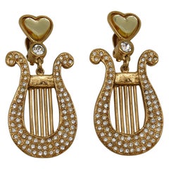 YVES SAINT LAURENT YSL Vintage Jewelled Lyra Heart Dangling Earrings