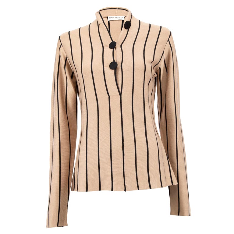 Pre-Loved Balenciaga Women's Brown Striped V Neck Top For Sale at 1stDibs