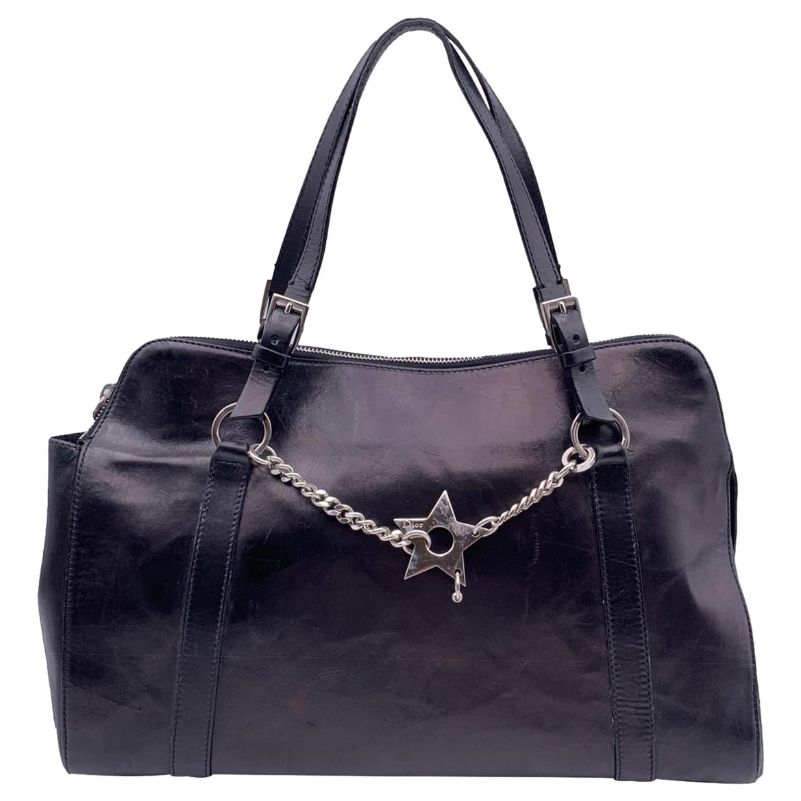 Christian Dior Black Leather Piercing Satchel Bowler Bag Handbag