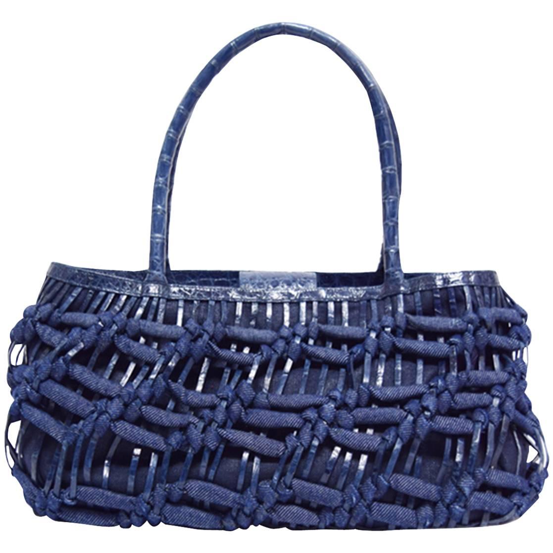 Nancy Gonzalez Blue Crocodile Leather and Chambray Basket Weave Handbag    For Sale