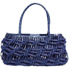 Nancy Gonzalez Blue Crocodile Leather and Chambray Basket Weave Handbag   
