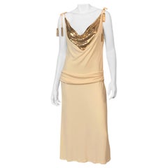 Vintage Whiting & Davis Gold Metal Mesh Embellished Cream Jersey Dress