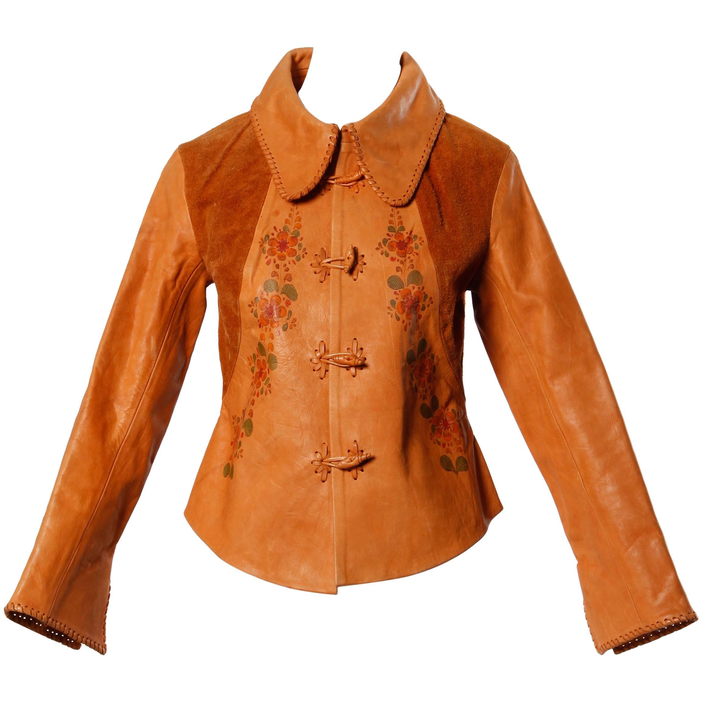 1970s Char Vintage Hand Painted Flowers Whipstitch Leather + Suede Jacket