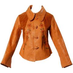 1970er Char Vintage handbemalte Blumen Whipstitch Leder + Wildlederjacke