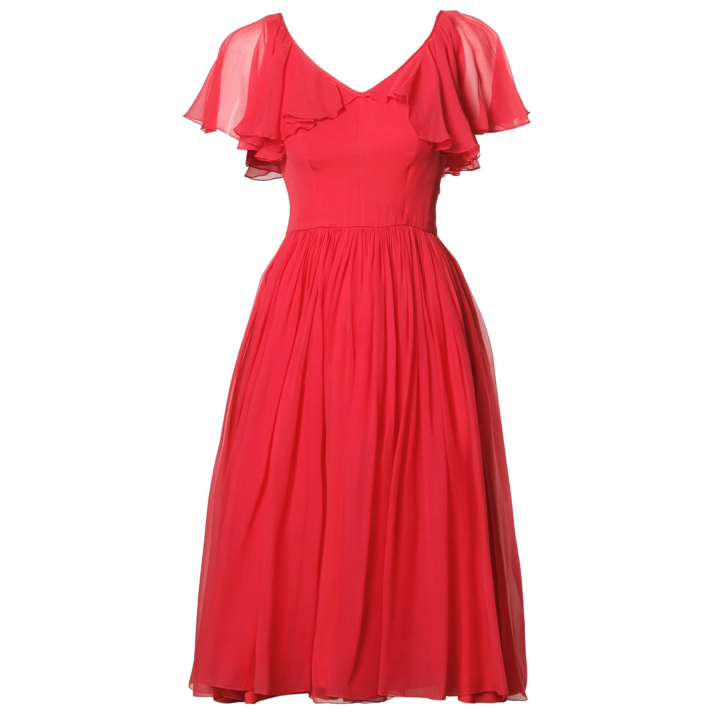 1960s Vintage Coral Silk Chiffon Cocktail Dress with Full Sweep For Sale