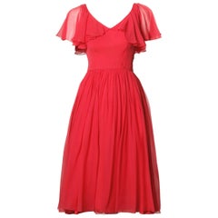 1960s Vintage Coral Silk Chiffon Cocktail Dress with Full Sweep