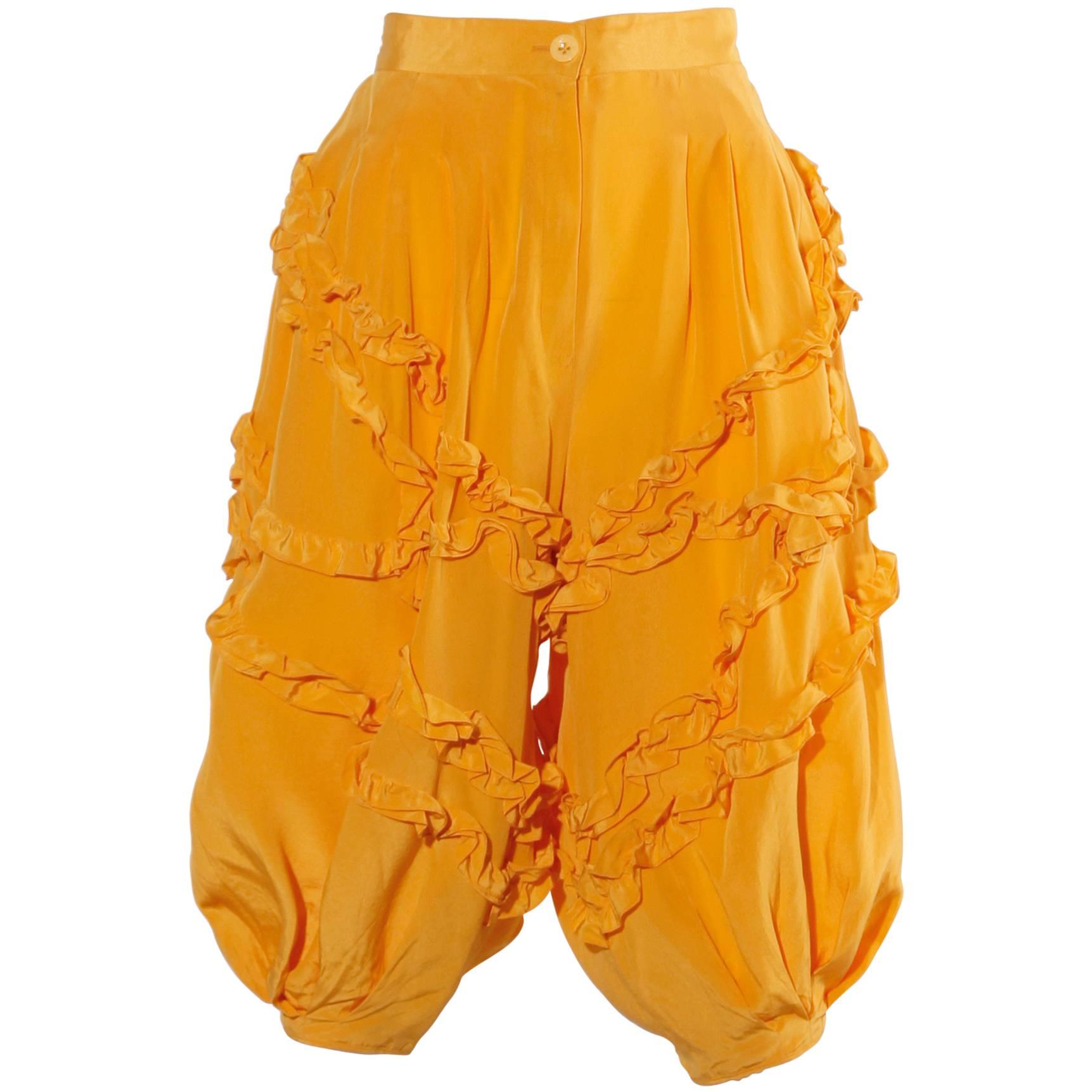 1980s Paco Rabanne Vintage Yellow Silk Culottes or Cropped Capri Pants