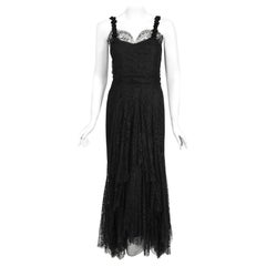 Vintage 1930's Bonwit Teller Couture Black Scalloped Lace Appliqué Bias-Cut Gown