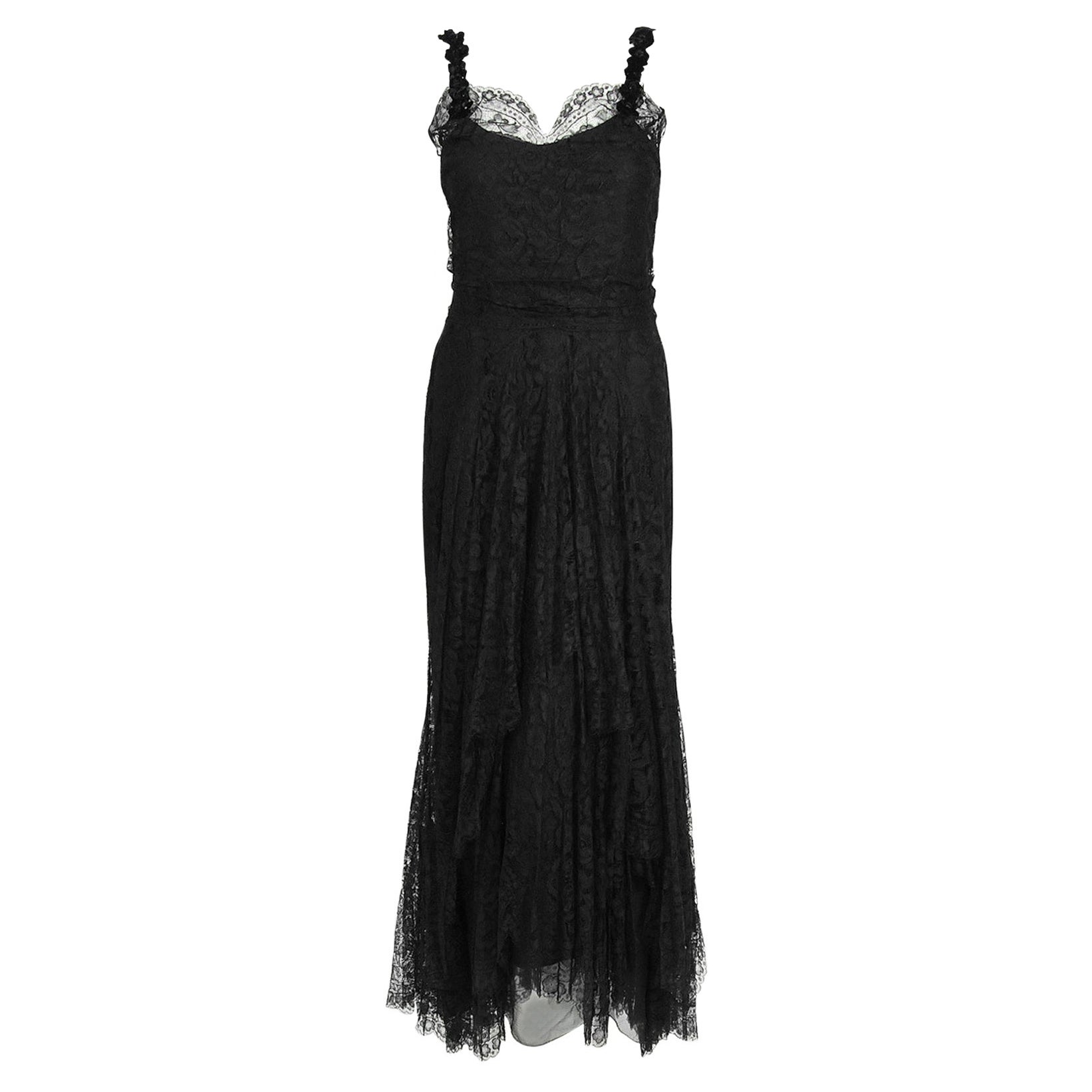 Vintage 1930's Bonwit Teller Couture Black Scalloped Lace Appliqué Bias-Cut Gown For Sale