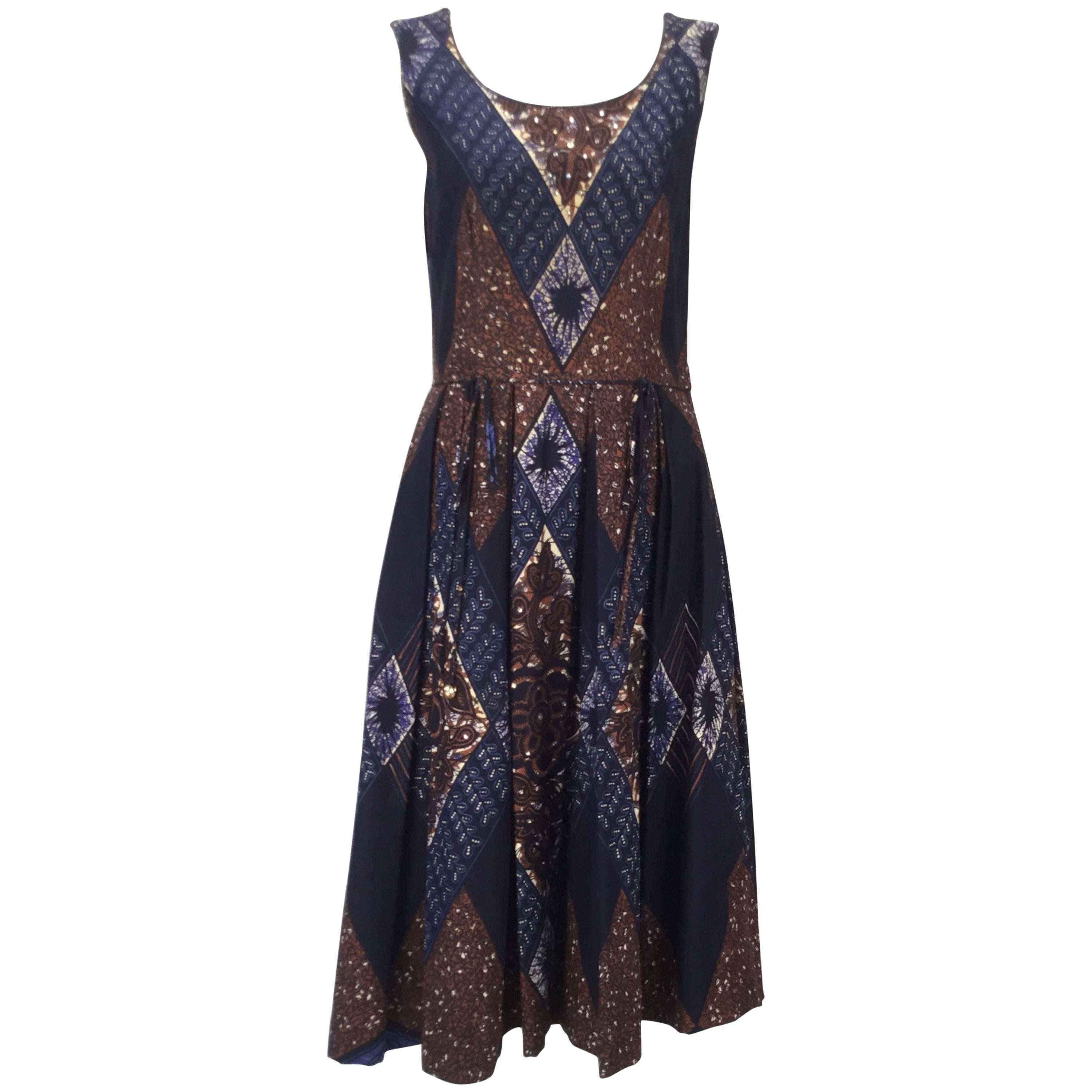 Ikat Blue and Brown Dress with Subtle Sequin Handwork, 1950s  For Sale
